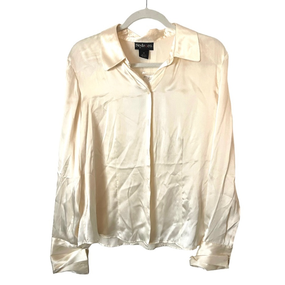 NWT Style & Co. Cream Ivory Satin Button Down Shirt 14